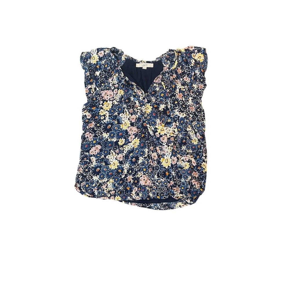 Loft Petites Floral Ruffle Sleeve Navy Blouse SP 1732